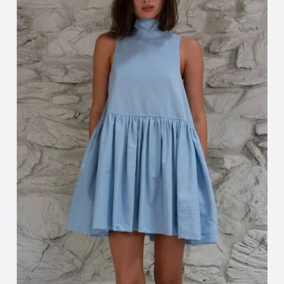 Azeeza Marie Mini Dress in Powder Blue Cotton Tie Bow Neck Ruffle Revolve Medium - Picture 5 of 12